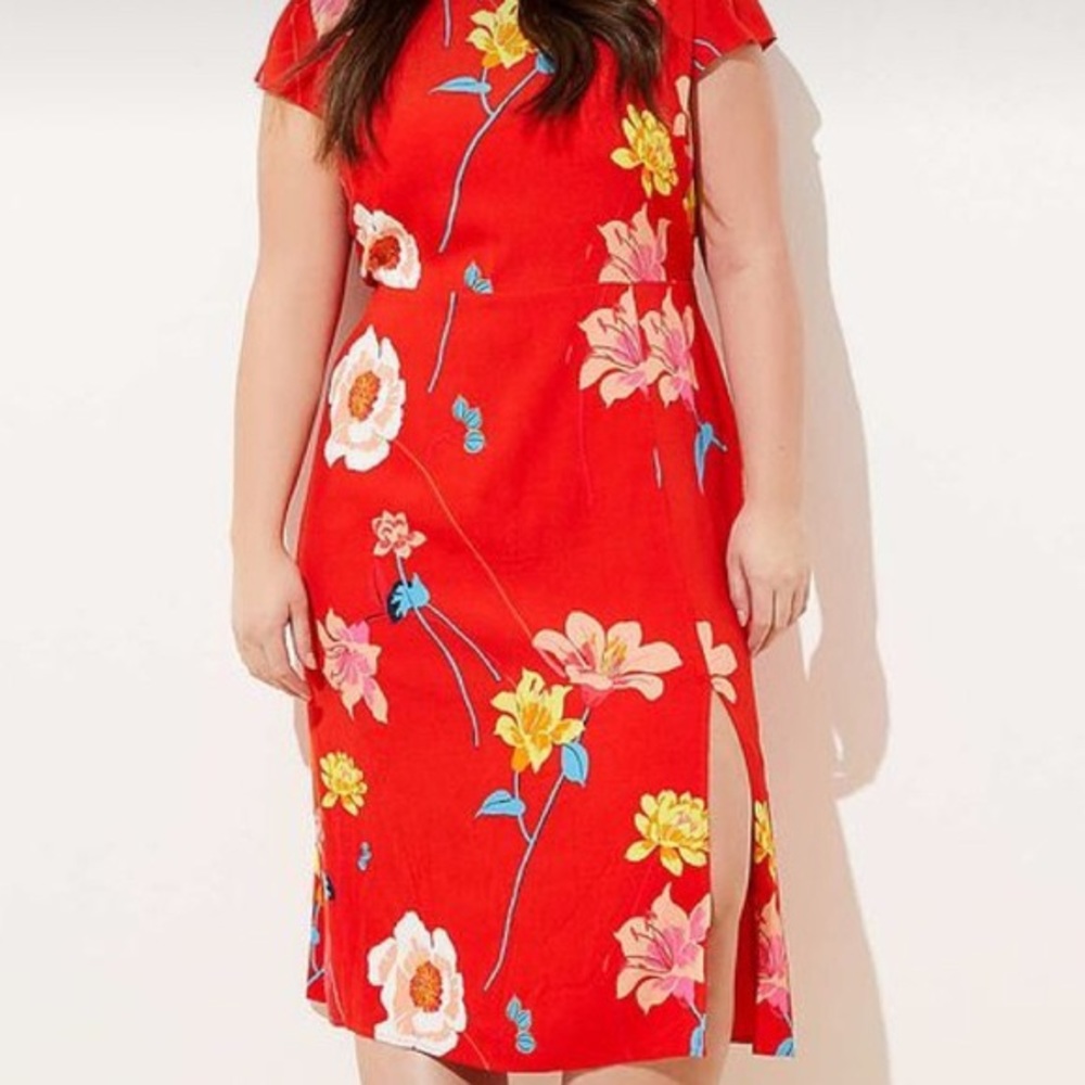 Loft Plus Vibrant Floral Thigh Slit Midi Dress